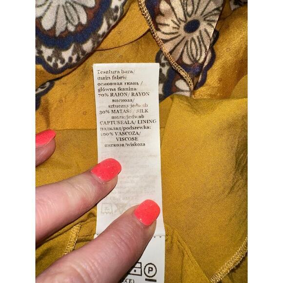 NISSA Women’s A line Printed Dress Silk Blend Scarf Collar yellow US Sz 2 classy - Picture 11 of 13